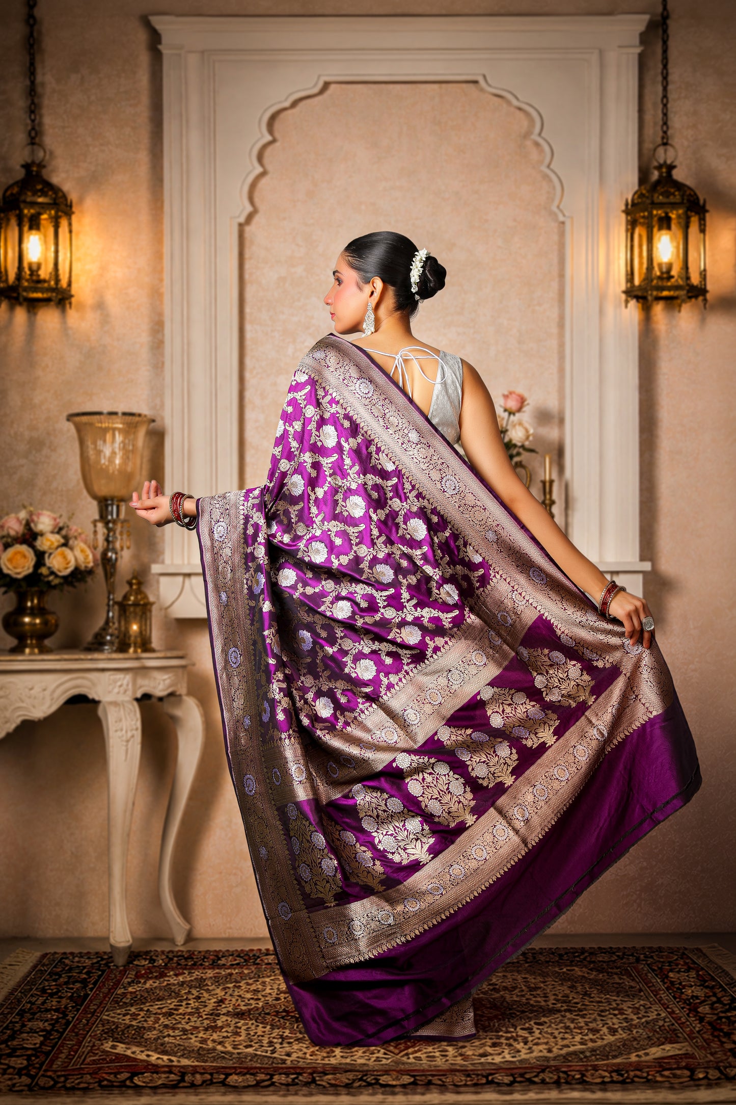 Pure Silk Banarasi Saree – Violet with Gold & Silver Booti
