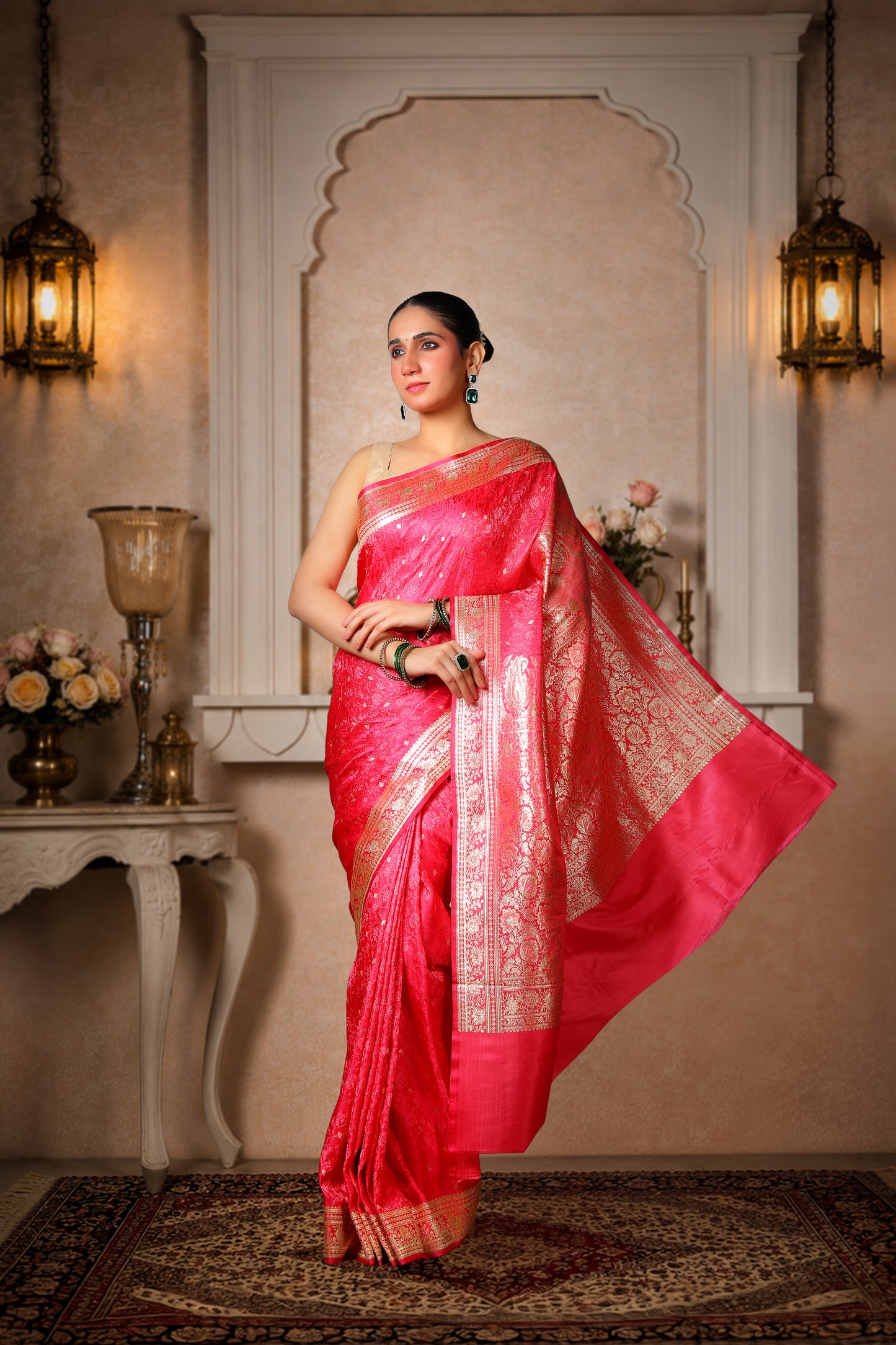 Pure Silk Banarasi Saree – Royal Pink with Golden Border & Booti