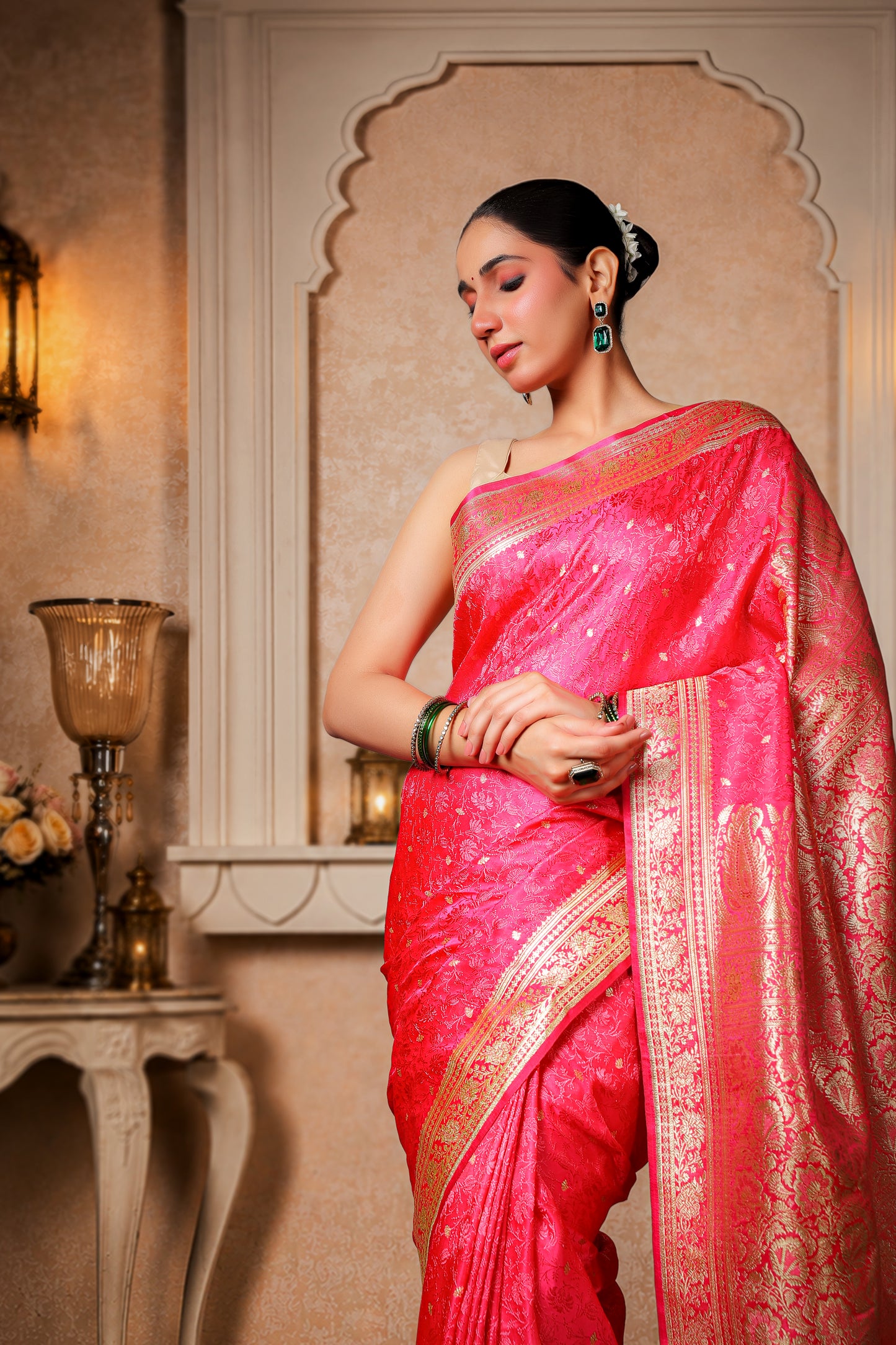 Pure Silk Banarasi Saree – Royal Pink with Golden Border & Booti