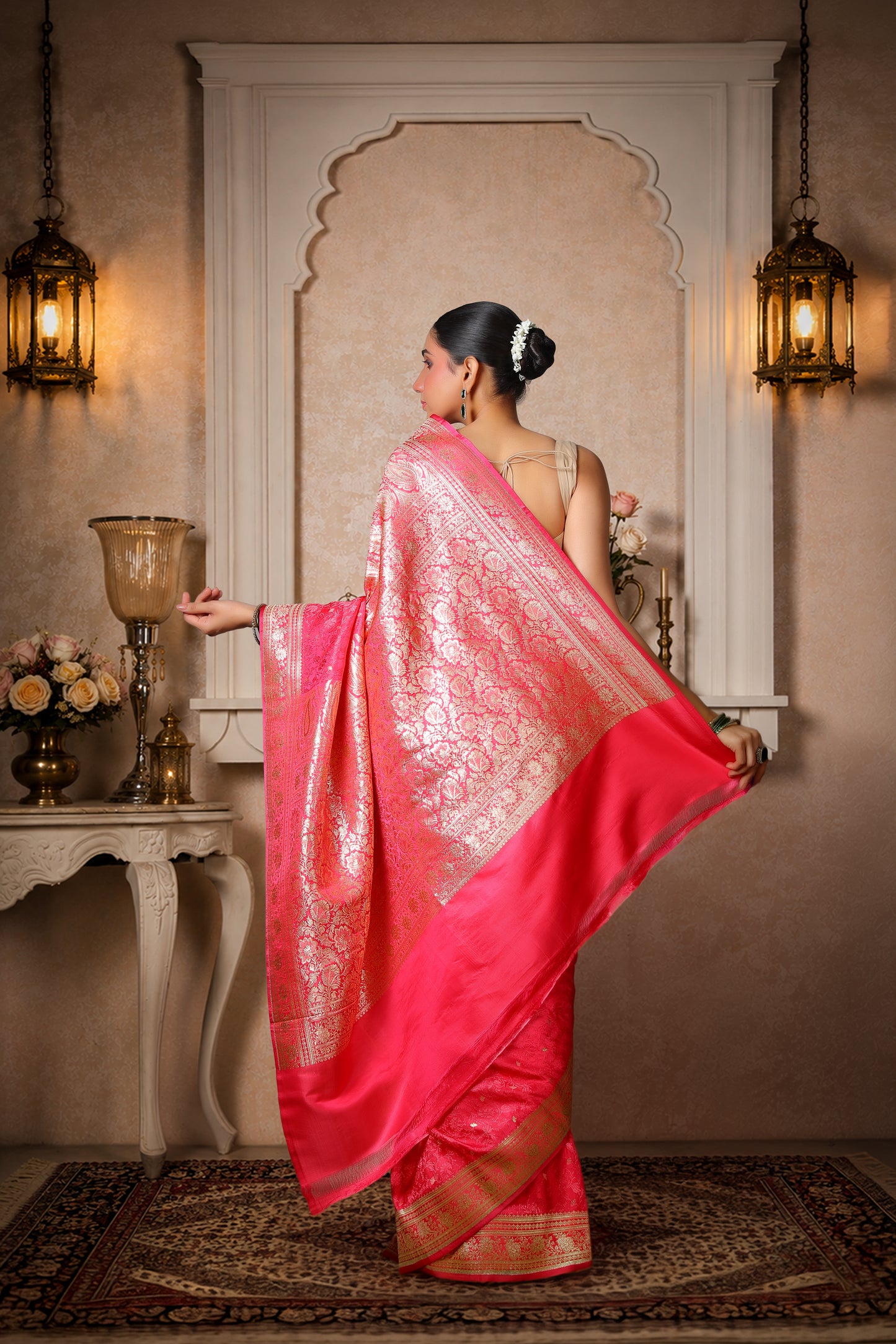 Pure Silk Banarasi Saree – Royal Pink with Golden Border & Booti