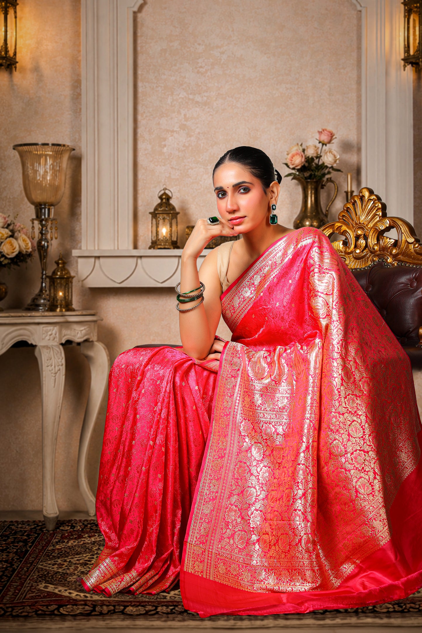 Pure Silk Banarasi Saree – Royal Pink with Golden Border & Booti