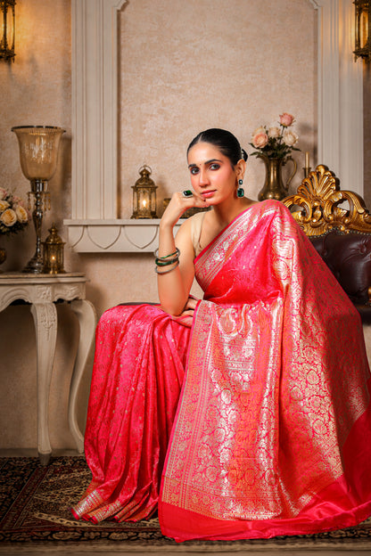 Pure Silk Banarasi Saree – Royal Pink with Golden Border & Booti