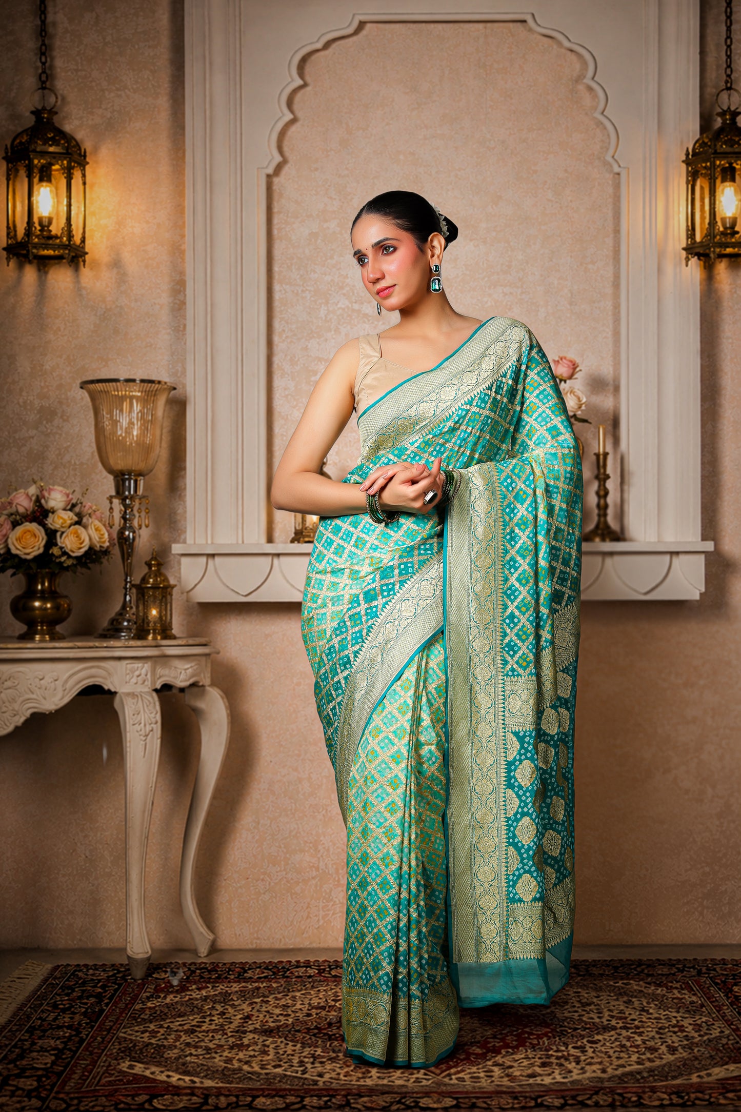 Pure Khaddi Georgette Rai Bandhani Saree – Sea Green Ombre
