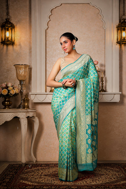 Pure Khaddi Georgette Rai Bandhani Saree – Sea Green Ombre