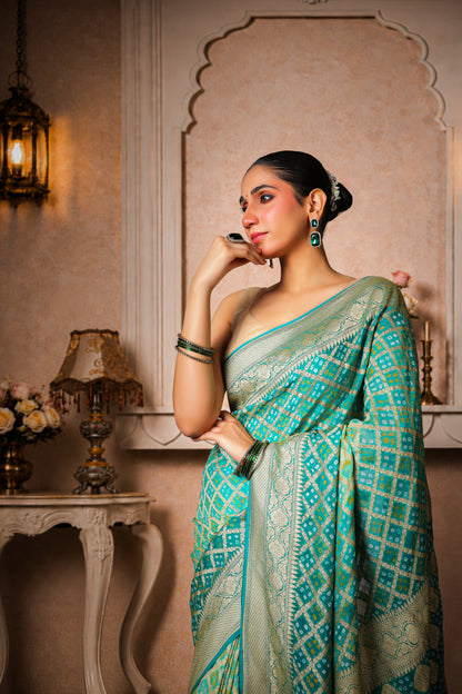 Pure Khaddi Georgette Rai Bandhani Saree – Sea Green Ombre