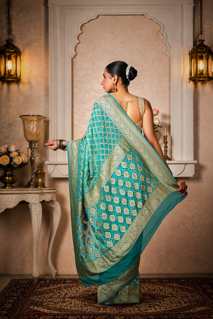 Pure Khaddi Georgette Rai Bandhani Saree – Sea Green Ombre