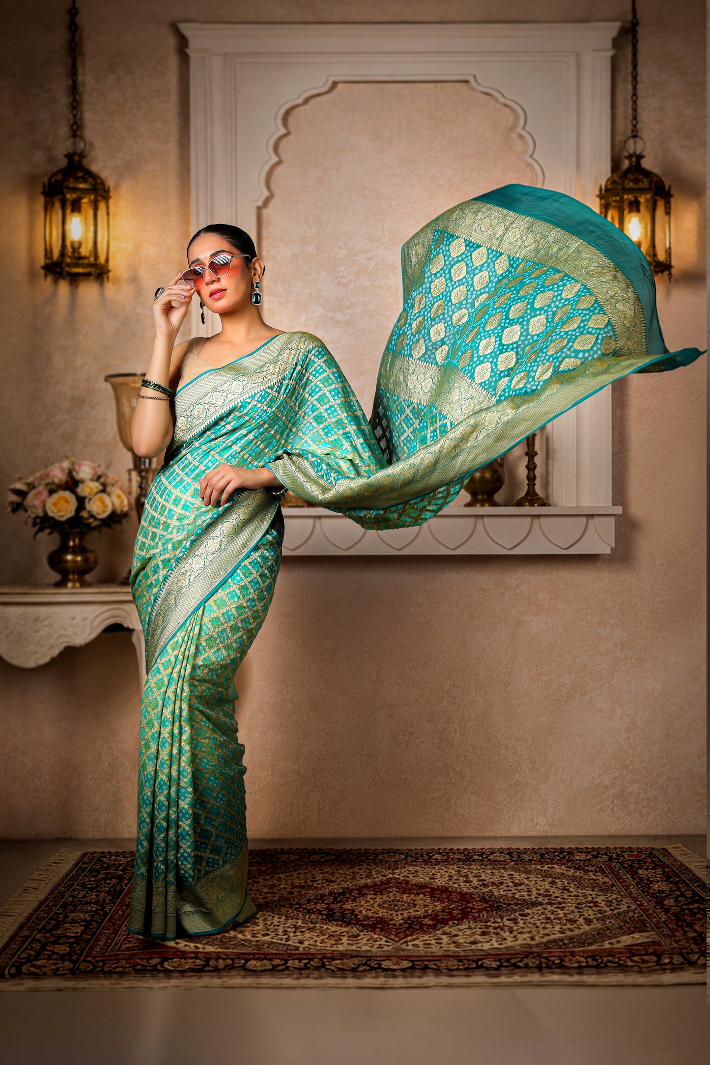 Pure Khaddi Georgette Rai Bandhani Saree – Sea Green Ombre