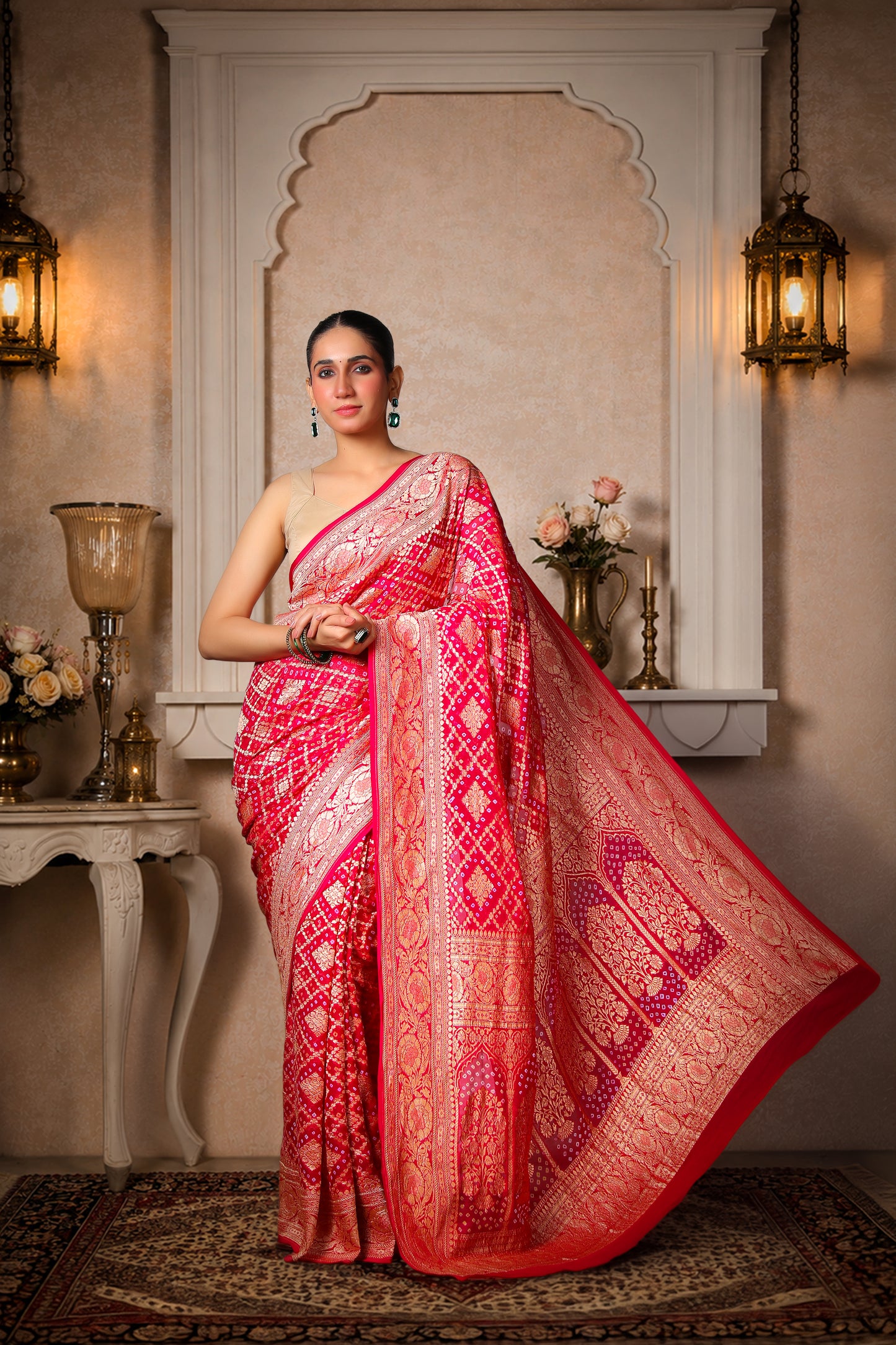 Pure Khaddi Georgette Rai Bandhani Saree – Magenta Ombre