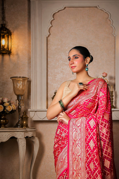 Pure Khaddi Georgette Rai Bandhani Saree – Magenta Ombre