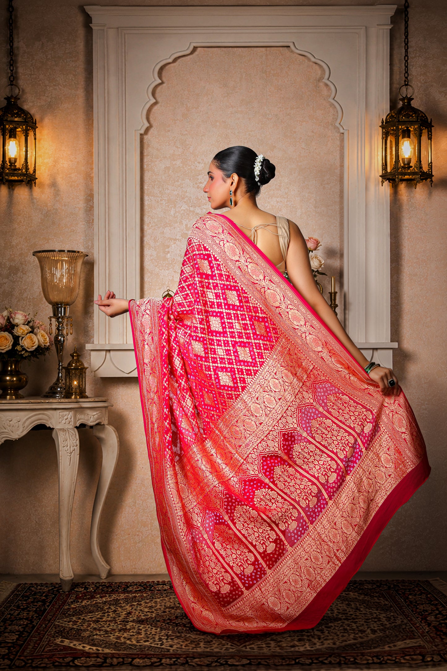 Pure Khaddi Georgette Rai Bandhani Saree – Magenta Ombre