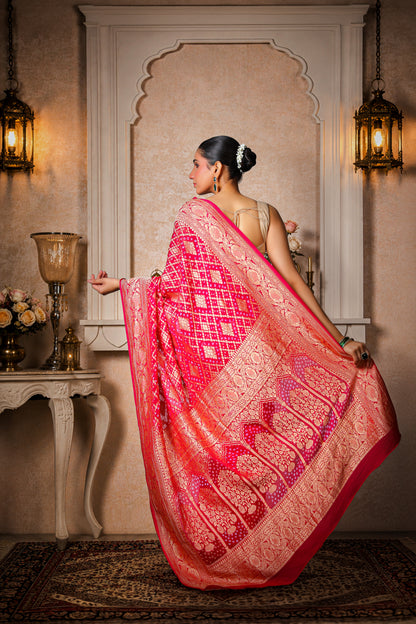 Pure Khaddi Georgette Rai Bandhani Saree – Magenta Ombre