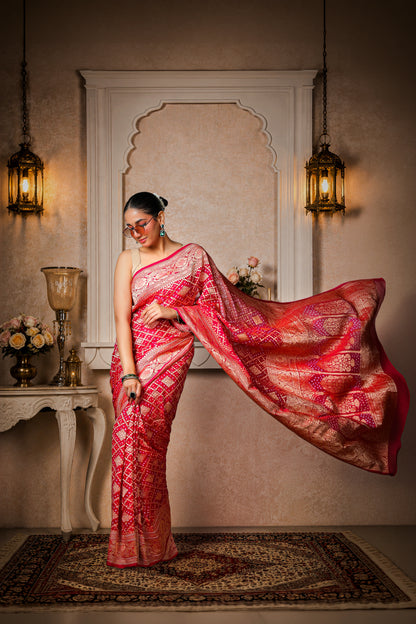 Pure Khaddi Georgette Rai Bandhani Saree – Magenta Ombre