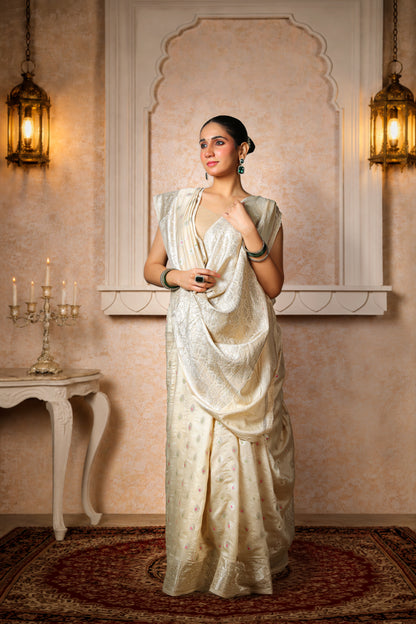 100% Pure Silk Moonga Minakari Banarasi Saree – Beige