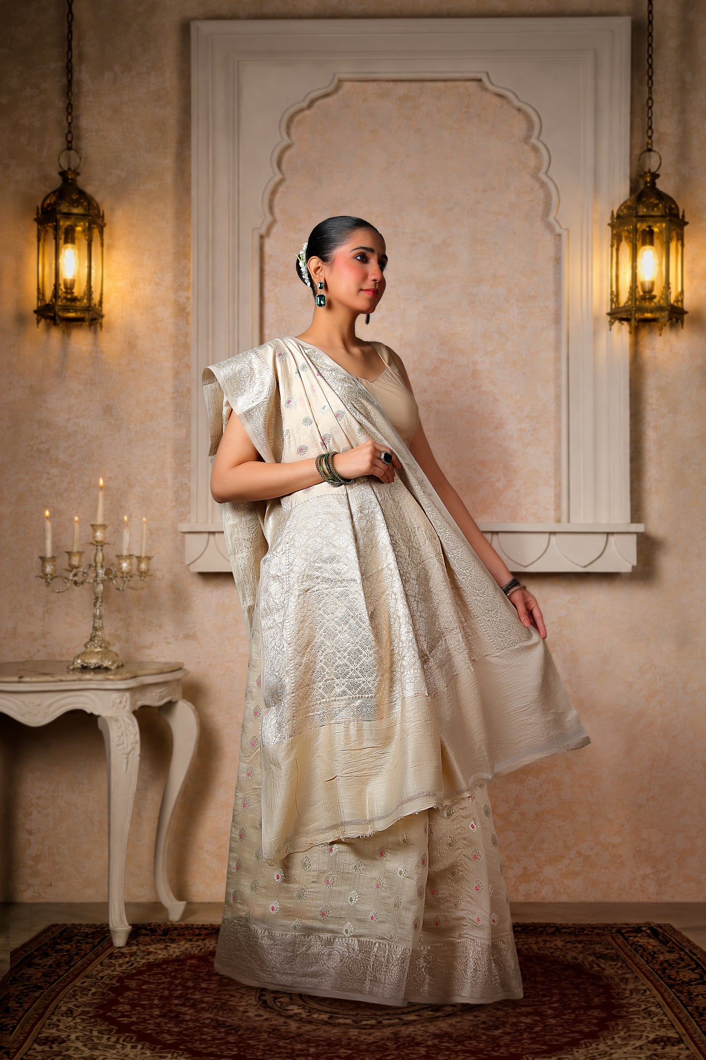 100% Pure Silk Moonga Minakari Banarasi Saree – Beige