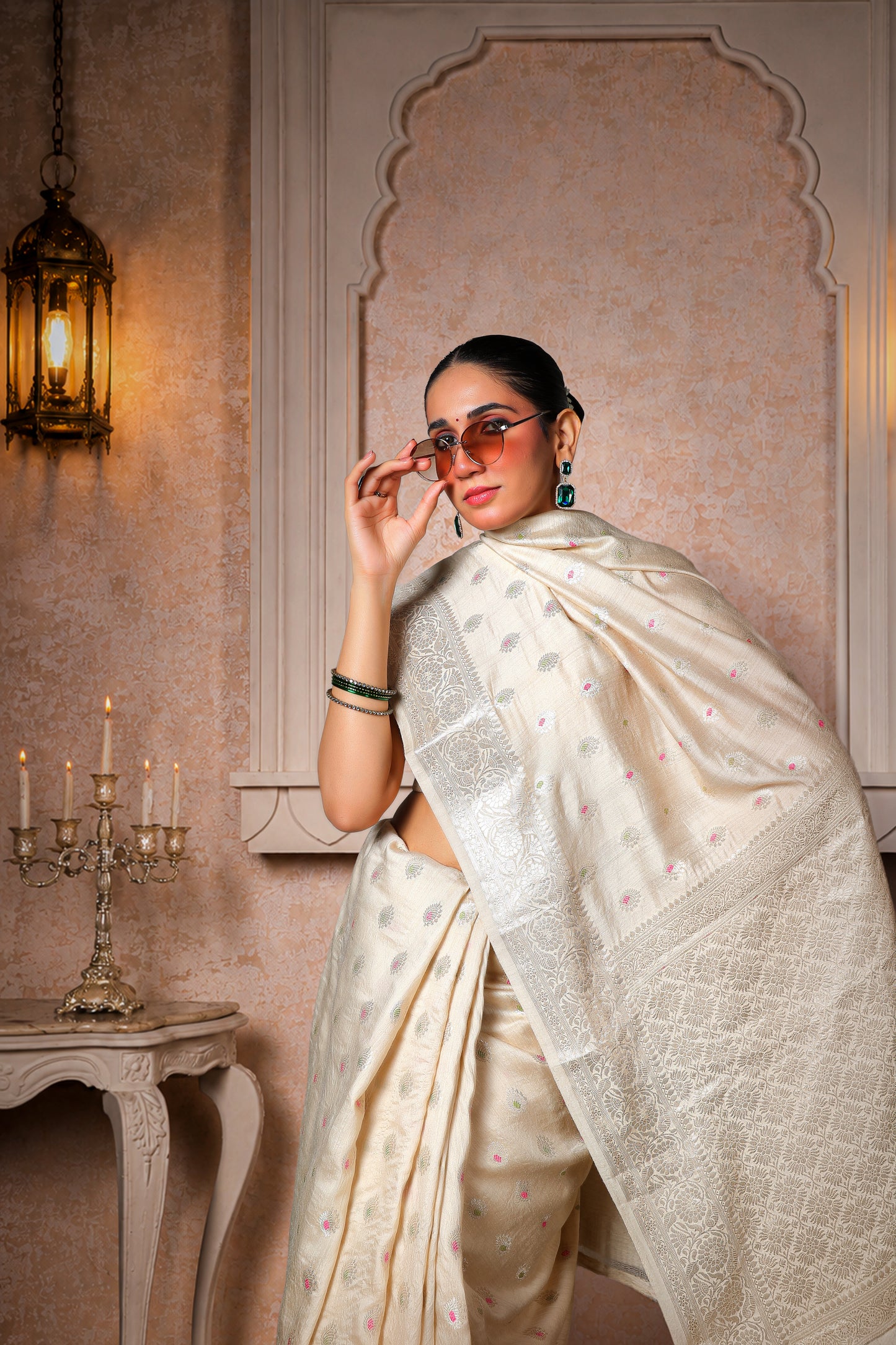 100% Pure Silk Moonga Minakari Banarasi Saree – Beige