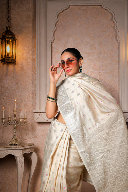 100% Pure Silk Moonga Minakari Banarasi Saree – Beige