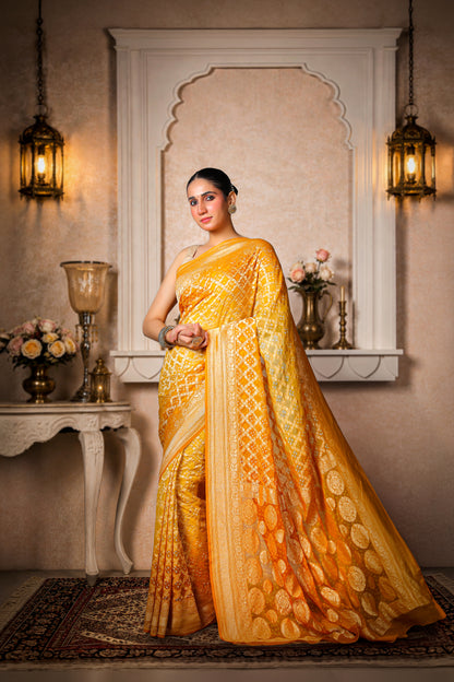 Pure Khaddi Georgette Rai Bandhani Saree – Golden Yellow Ombre