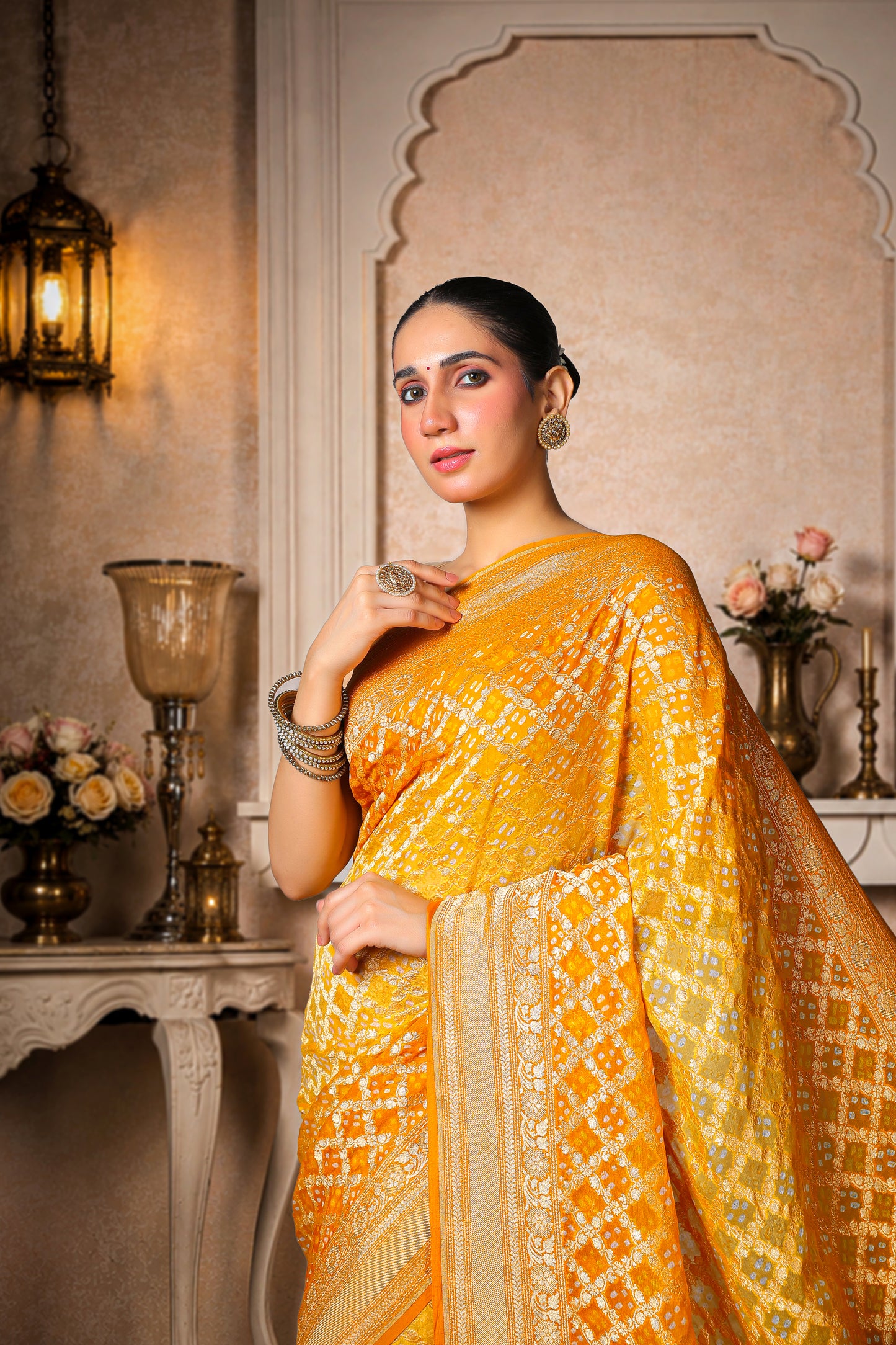 Pure Khaddi Georgette Rai Bandhani Saree – Golden Yellow Ombre