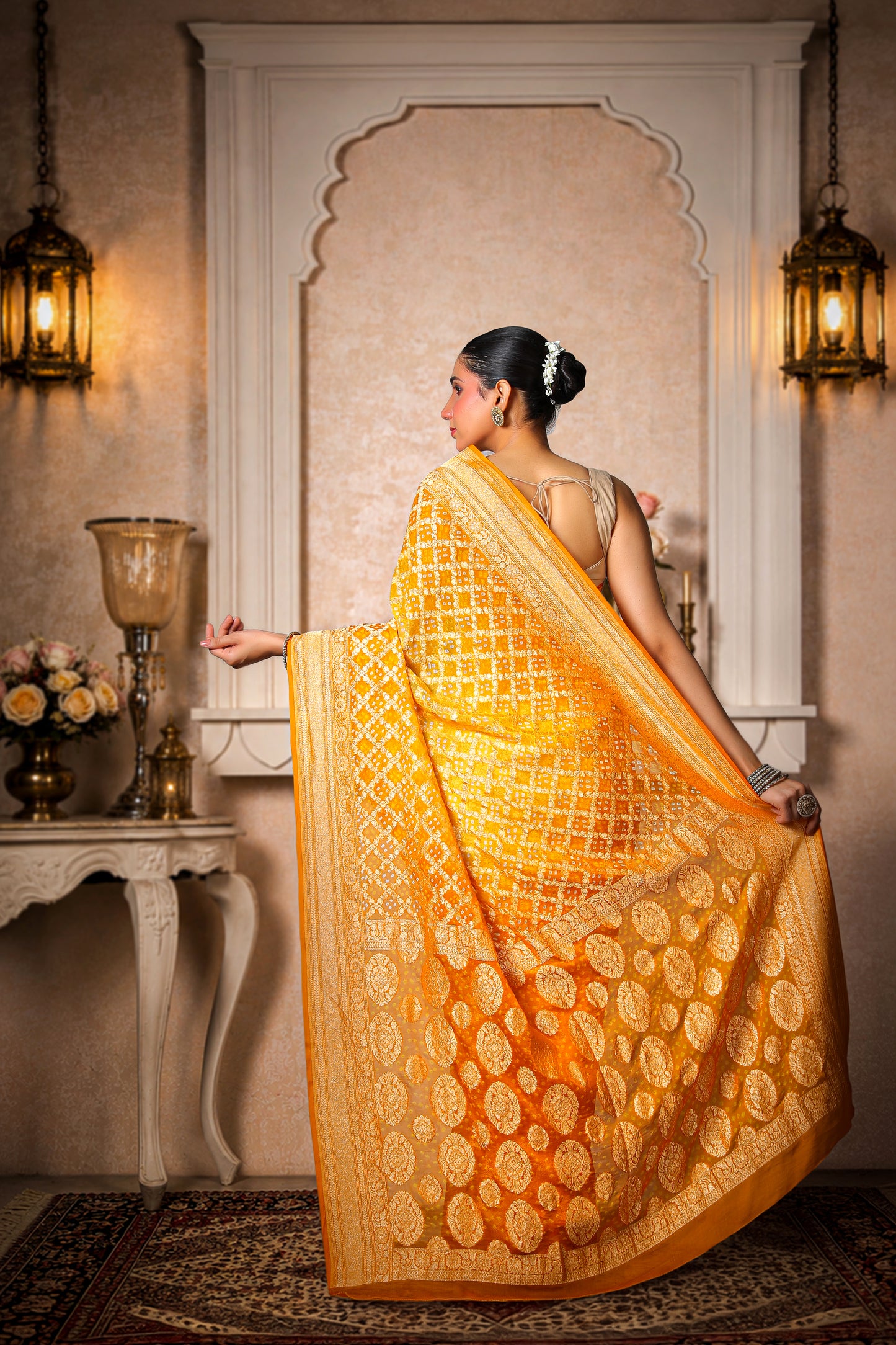 Pure Khaddi Georgette Rai Bandhani Saree – Golden Yellow Ombre