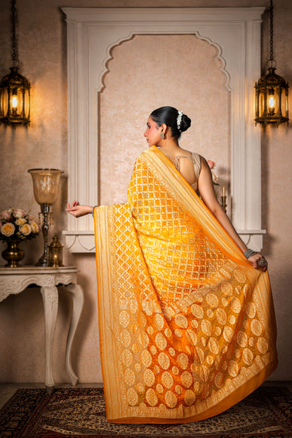 Pure Khaddi Georgette Rai Bandhani Saree – Golden Yellow Ombre