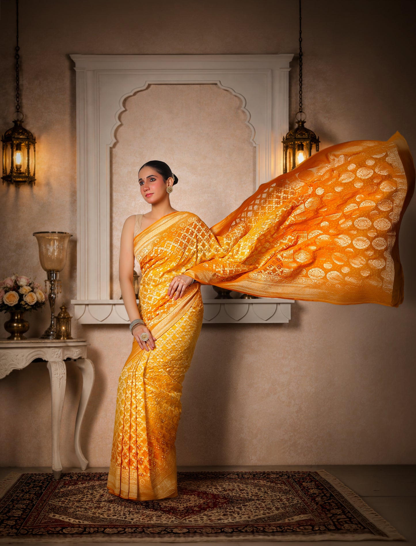 Pure Khaddi Georgette Rai Bandhani Saree – Golden Yellow Ombre