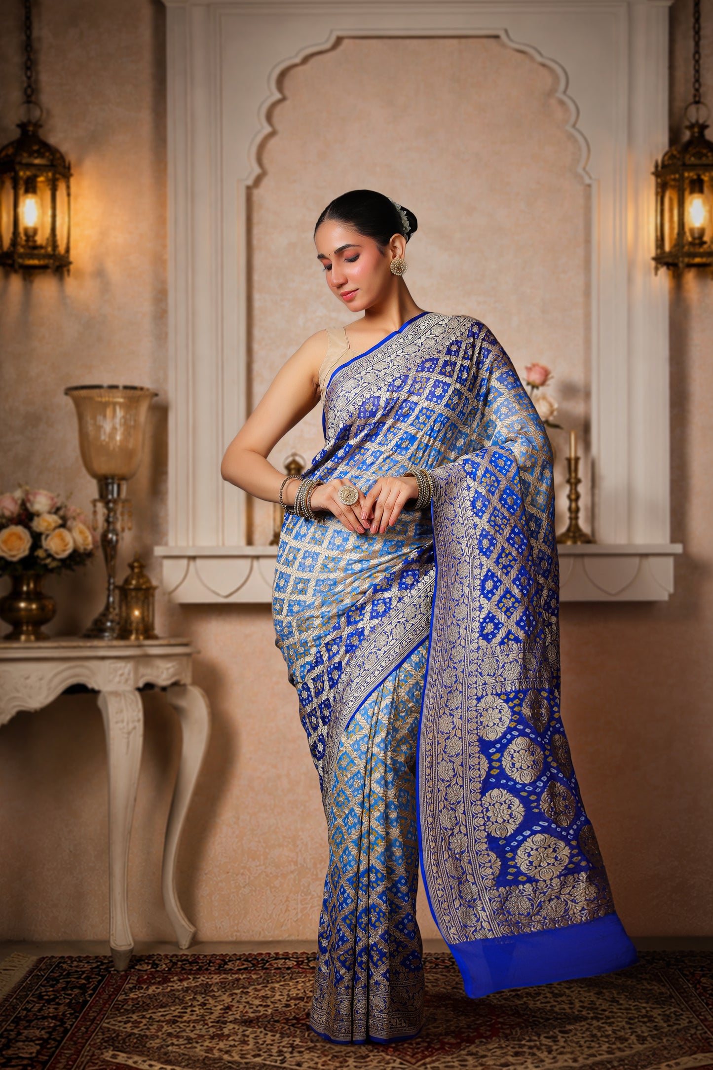 Pure Khaddi Georgette Rai Bandhani Saree – Royal Blue Ombre
