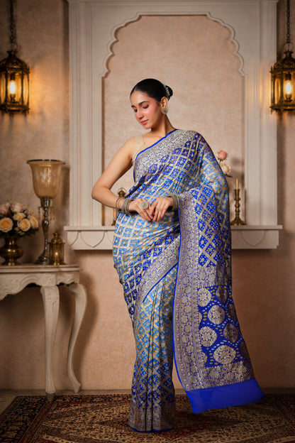 Pure Khaddi Georgette Rai Bandhani Saree – Royal Blue Ombre