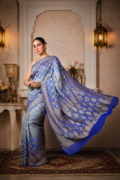 Pure Khaddi Georgette Rai Bandhani Saree – Royal Blue Ombre