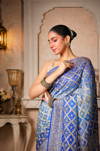 Pure Khaddi Georgette Rai Bandhani Saree – Royal Blue Ombre
