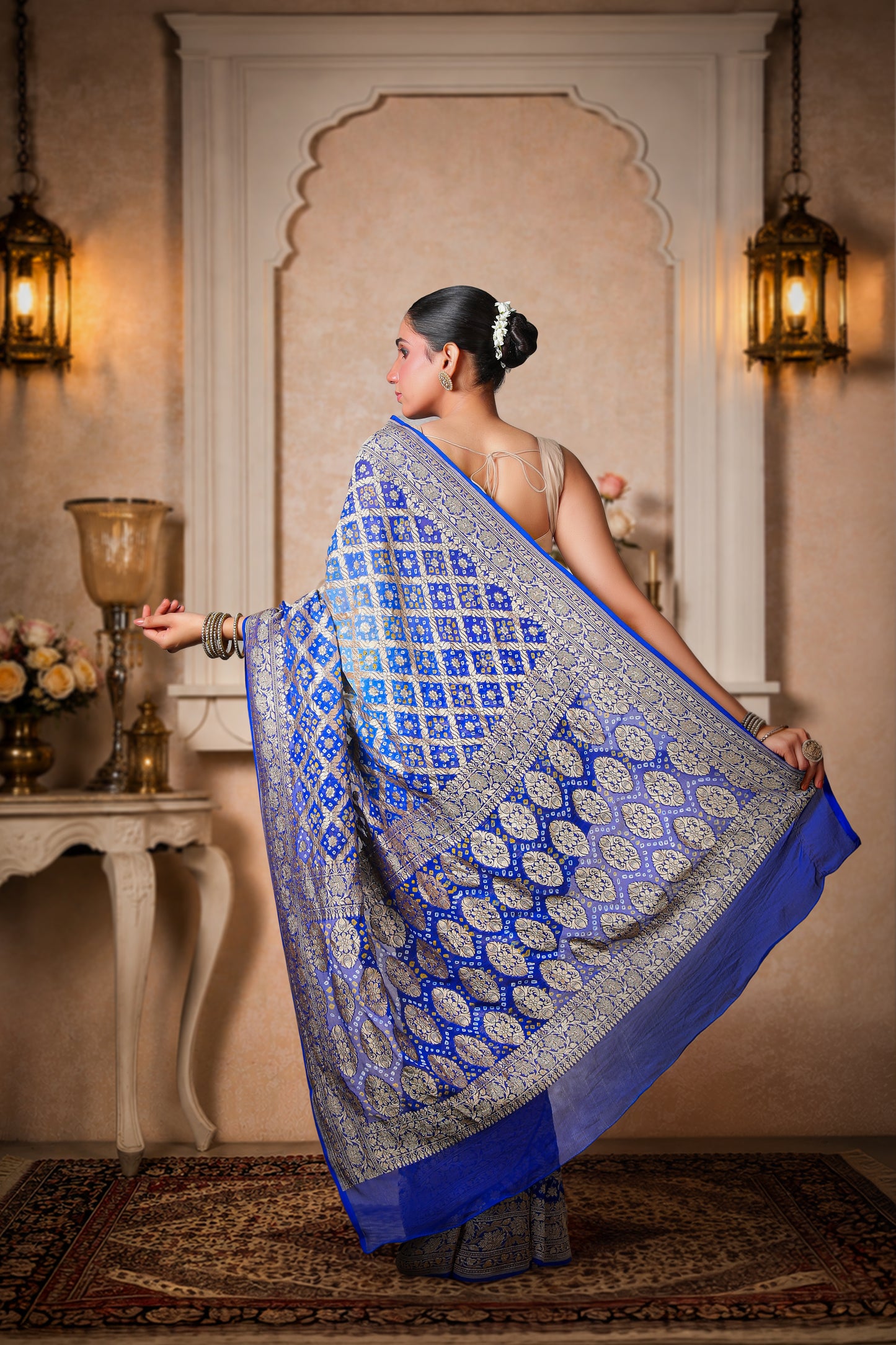 Pure Khaddi Georgette Rai Bandhani Saree – Royal Blue Ombre