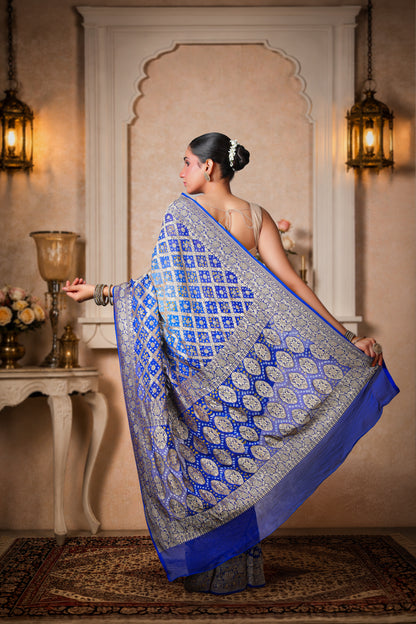 Pure Khaddi Georgette Rai Bandhani Saree – Royal Blue Ombre