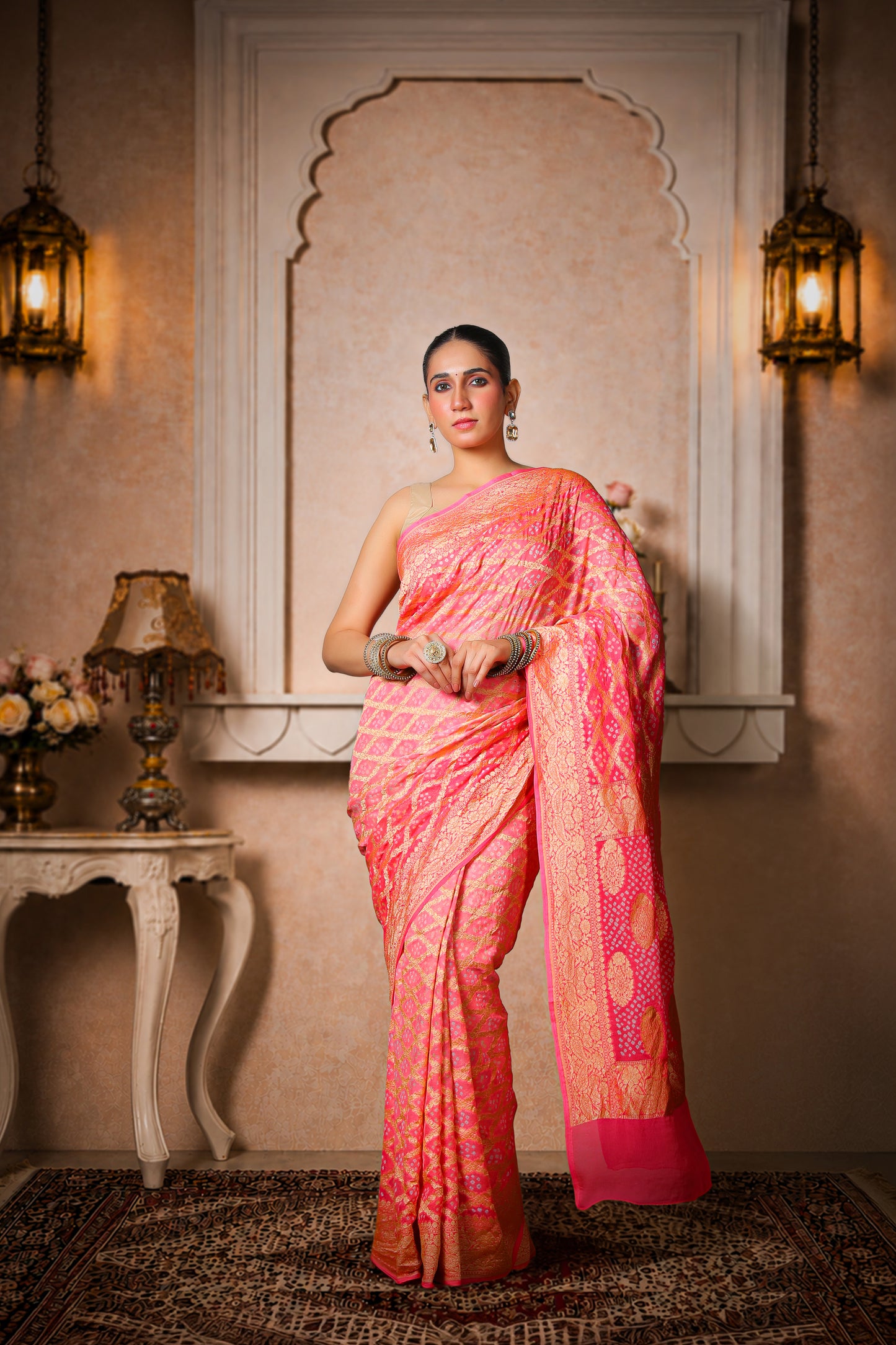 Pure Khaddi Georgette Rai Bandhani Saree – Royal Pink Ombre