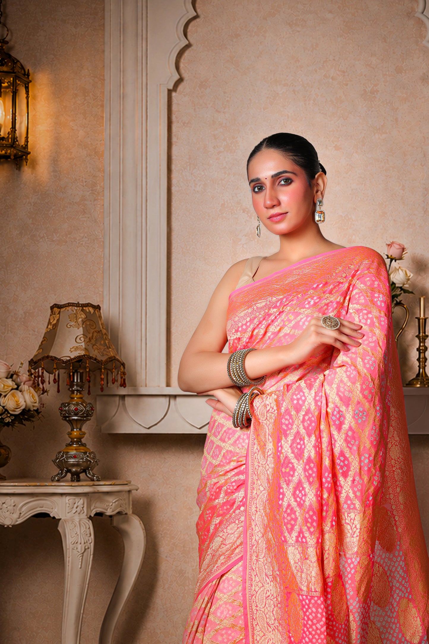 Pure Khaddi Georgette Rai Bandhani Saree – Royal Pink Ombre
