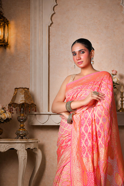 Pure Khaddi Georgette Rai Bandhani Saree – Royal Pink Ombre