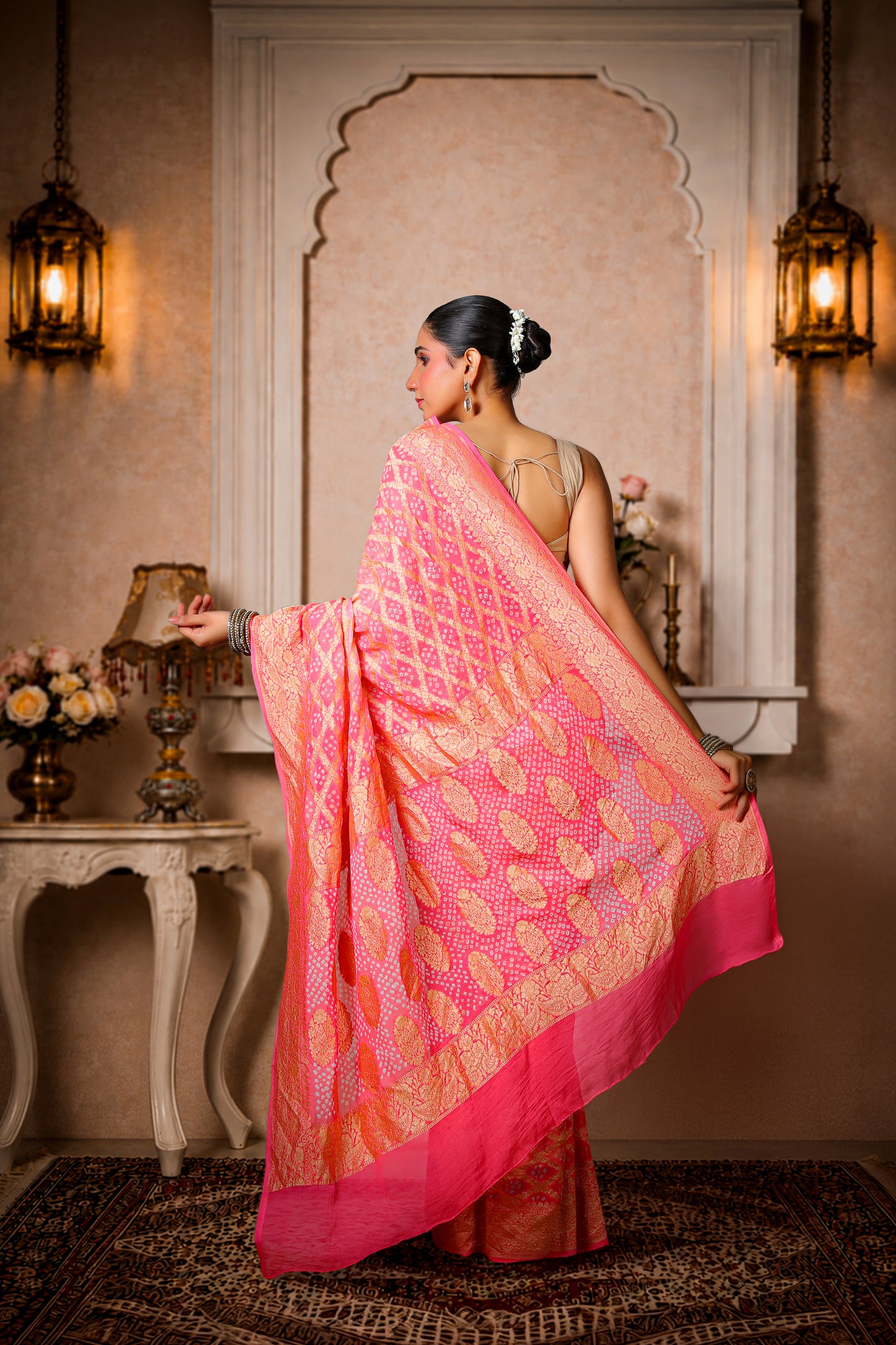 Pure Khaddi Georgette Rai Bandhani Saree – Royal Pink Ombre