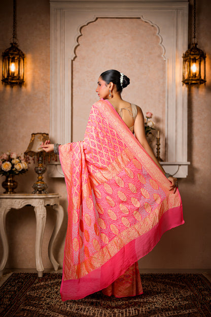 Pure Khaddi Georgette Rai Bandhani Saree – Royal Pink Ombre
