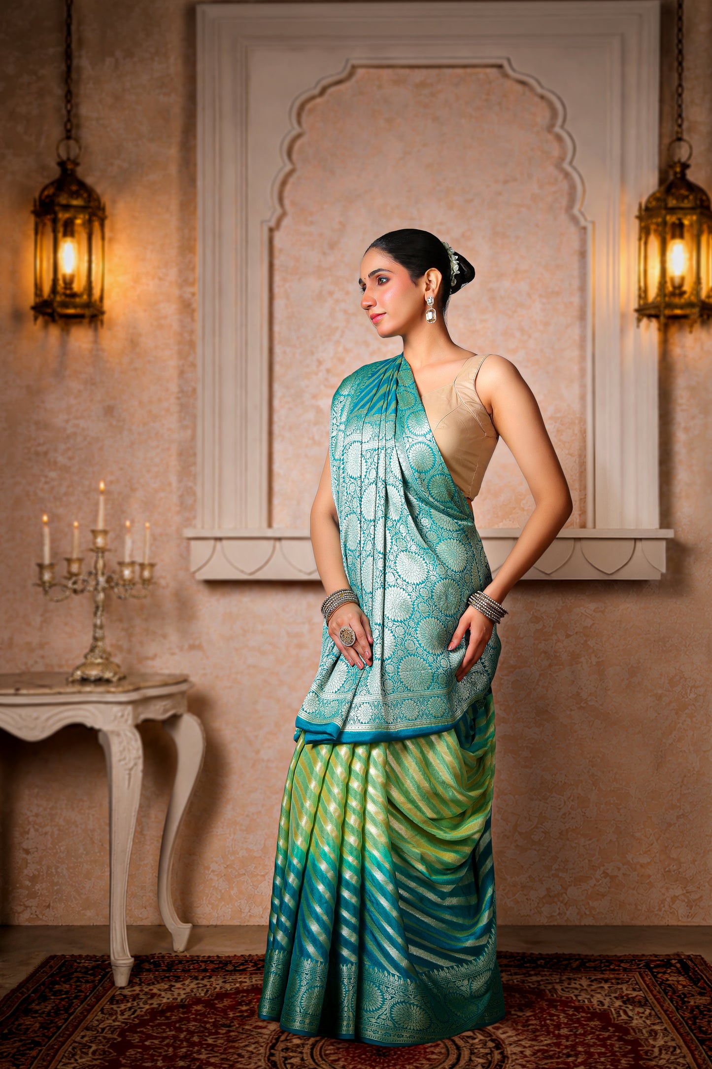 Khaddi Silk Georgette Lehariya Banarasi Saree – Sea Green & Turquoise