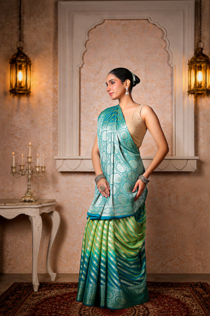 Khaddi Silk Georgette Lehariya Banarasi Saree – Sea Green & Turquoise