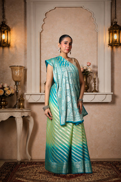 Khaddi Silk Georgette Lehariya Banarasi Saree – Sea Green & Turquoise