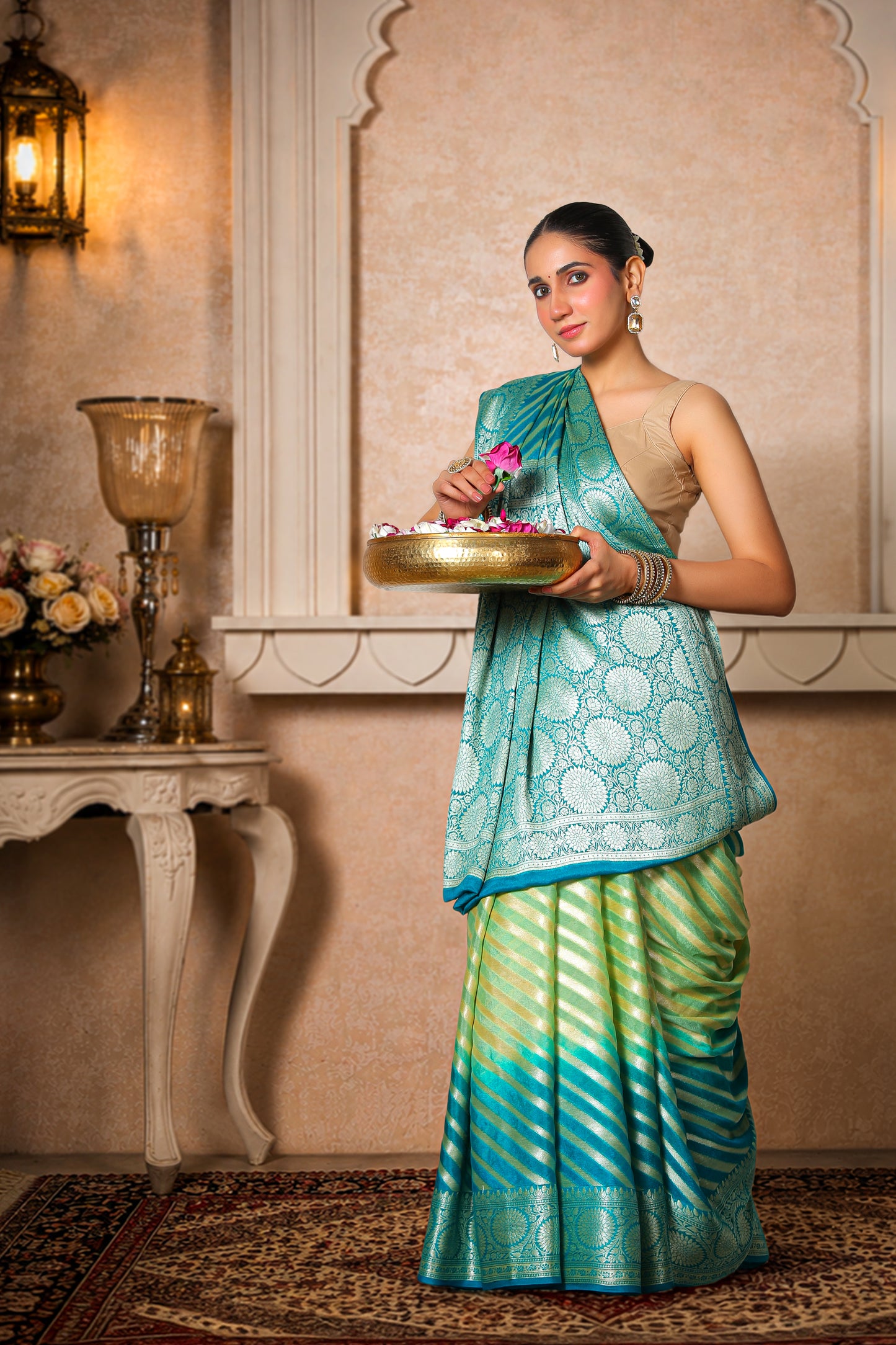 Khaddi Silk Georgette Lehariya Banarasi Saree – Sea Green & Turquoise