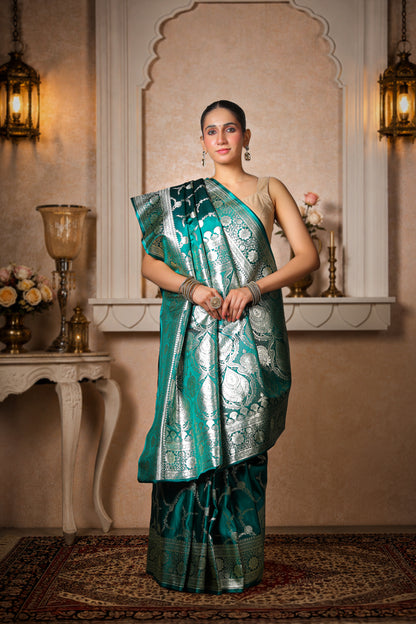 Pure Satin Silk Banarasi Saree – Royal Green Silver Bel Border
