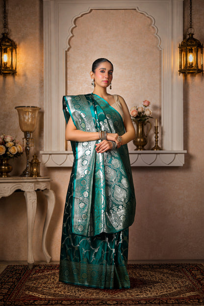 Pure Satin Silk Banarasi Saree – Royal Green Silver Bel Border