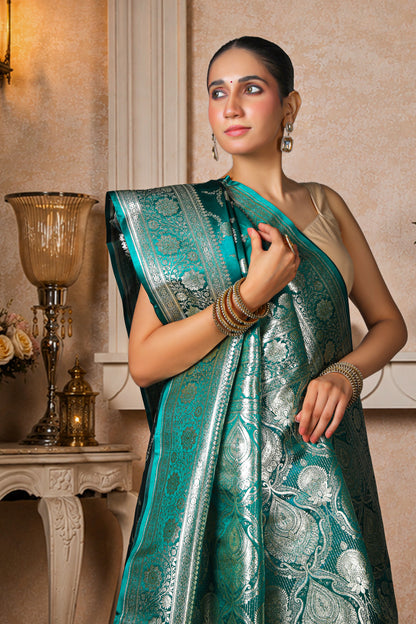 Pure Satin Silk Banarasi Saree – Royal Green Silver Bel Border