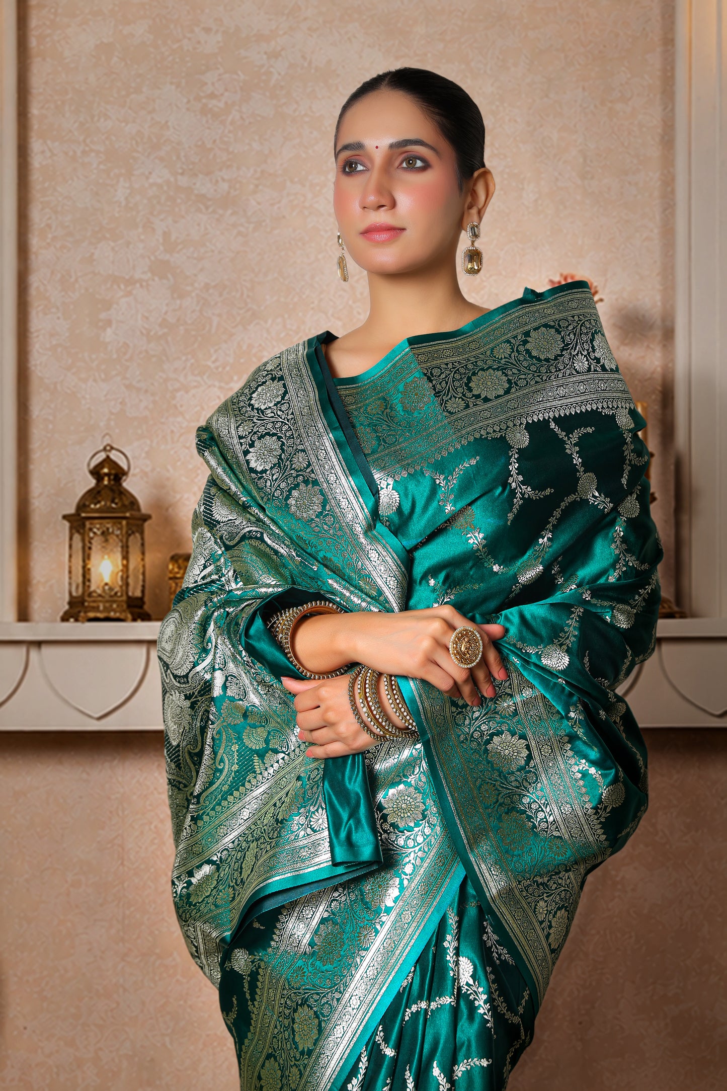 Pure Satin Silk Banarasi Saree – Royal Green Silver Bel Border