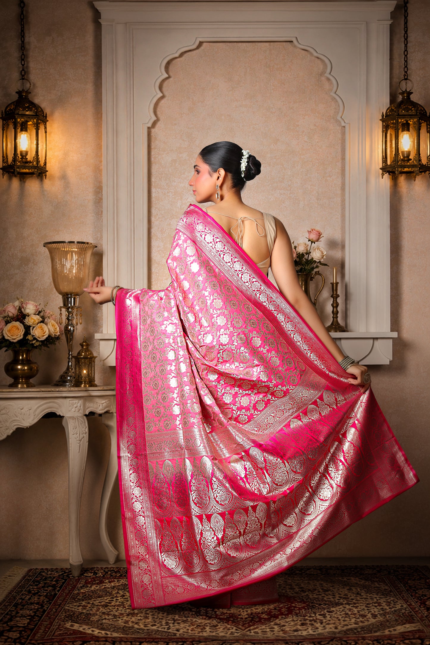 Rayon Silk Paudi Jungla Banarasi Saree – Rose Pink Silver Work
