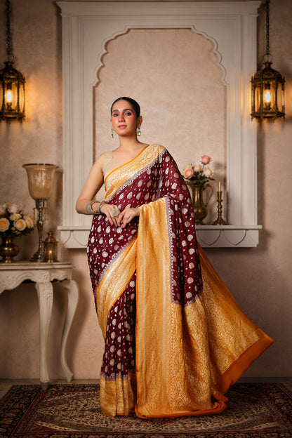 Khaddi Silk Georgette Golden Zari Banarasi Saree – Coffee & Mustard Border