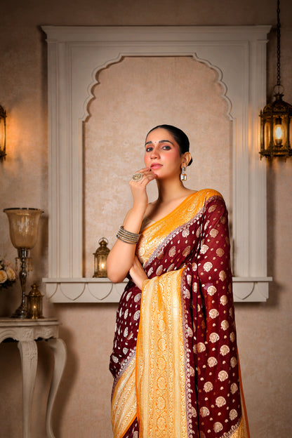Khaddi Silk Georgette Golden Zari Banarasi Saree – Coffee & Mustard Border