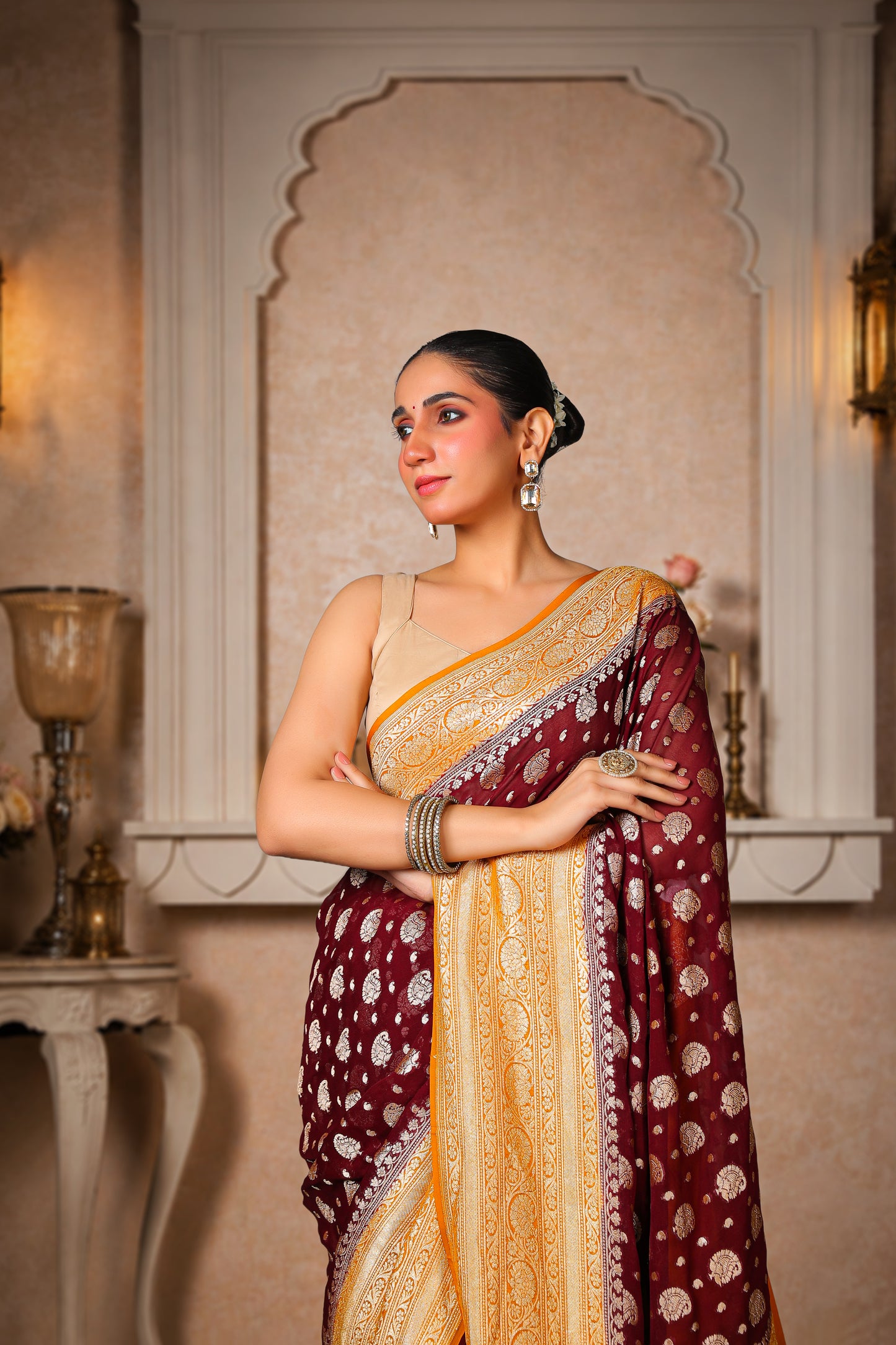 Khaddi Silk Georgette Golden Zari Banarasi Saree – Coffee & Mustard Border