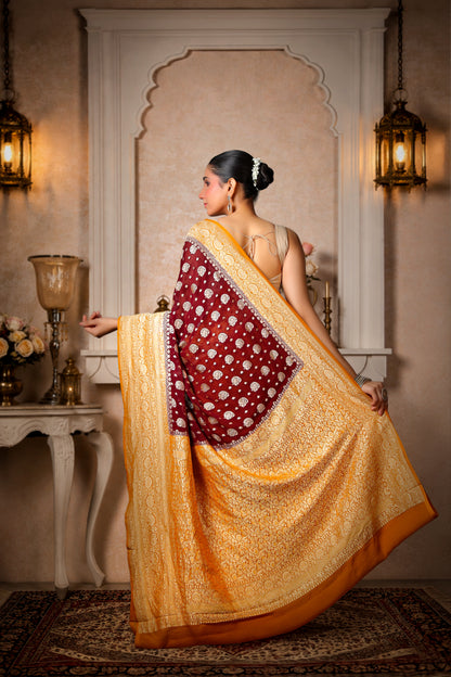 Khaddi Silk Georgette Golden Zari Banarasi Saree – Coffee & Mustard Border
