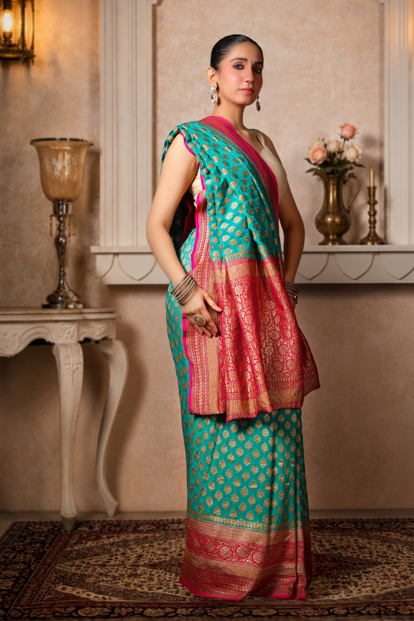 Khaddi Silk Georgette Copper Zari Banarasi Saree – Teal & Magenta Border